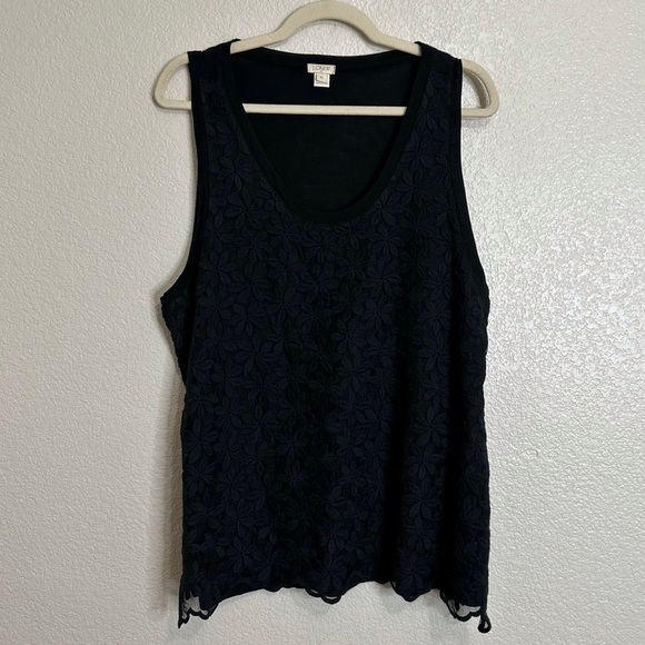 J. Crew Embroidered Floral Lace Overlay Black Tank Top, Size XL - Picture 1 of 10
